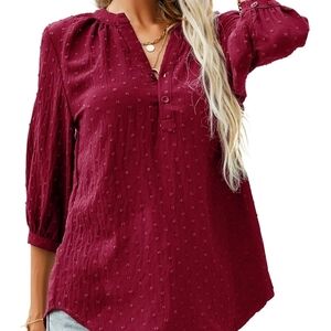 Lomon Womens Casual  3/ 4 Sleeves Henley V-Neck Button Up Pleated Back Blouse M